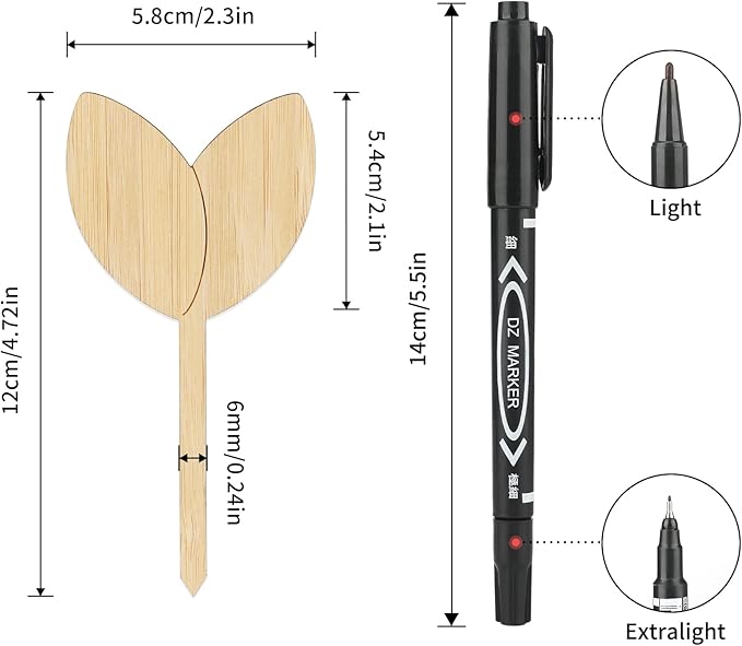 Bamboo Plant Labels Nursery Plant Tags Garden Labels Cute Leaf Shape for Seed Plants with Permanet Marking Pen