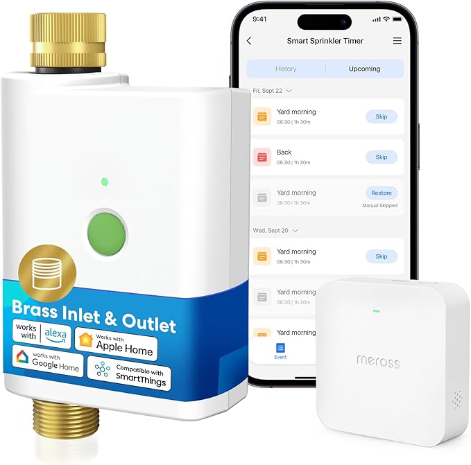 meross WiFi Water Timer for Garden Hose, Smart Hose Timer with Brass Inlet & Outet, WiFi Sprinkler Valve Work with Apple Homekit, Alexa & Google Assistant, Smart Rain Skip for Lawn, Garden & Yard