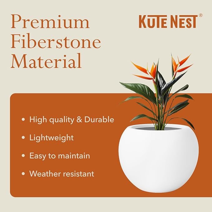KUTE NEST 9.7" H x 12" D Premium Globo Fiberstone Round Planter with Drainage Hole, Smooth Finishes, Weather Resistant for Indoor and Outdoor Use, Included 2 Extra Coco Mats (White, 7.8" Pot Opening)
