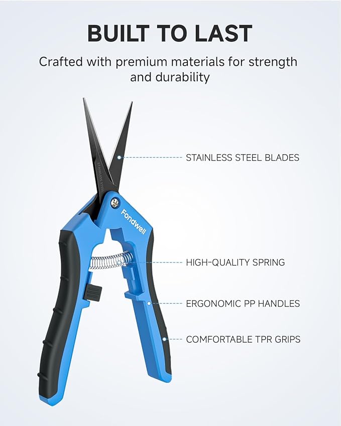 Fondwell 6.5" Garden Shears Pruning Scissors: 2 Pack of Lightweight Bud Trimming Scissors for Precision Cutting - Non-Stick Curved Blade