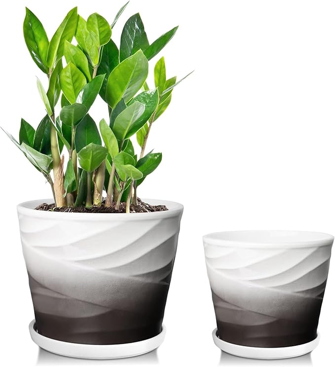 Ceramic Plant Pots,6.7 + 5.5 Inch,Ceramic Flower Pots,Planters with Drainage Hole and Saucer,Planters for Indoor Plants(Dark Gray+White)