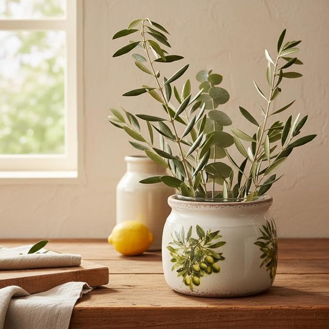 Xiaan Jiaju Mediterranean Ceramic Plant Pots with Olives Branches Pattern, 6 Inch Tuscan Planter for Indoor Plants, Rustic Farmhouse Home Kitchen Decor, Tuscan Vase for Centerpiece, Olive Green