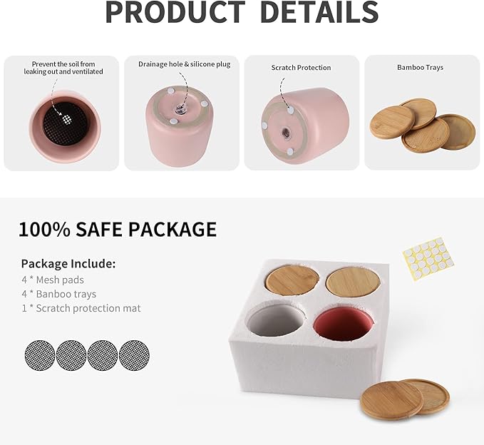 4 Inch Ceramic Plant Pots with Drainage Holes and Trays, Adorable Small Cylinder Flower Planter Pot with Saucers for Indoor Plants, Succulent, Snake Plants, Cactus & Herbs, Multicolor, Set of 4