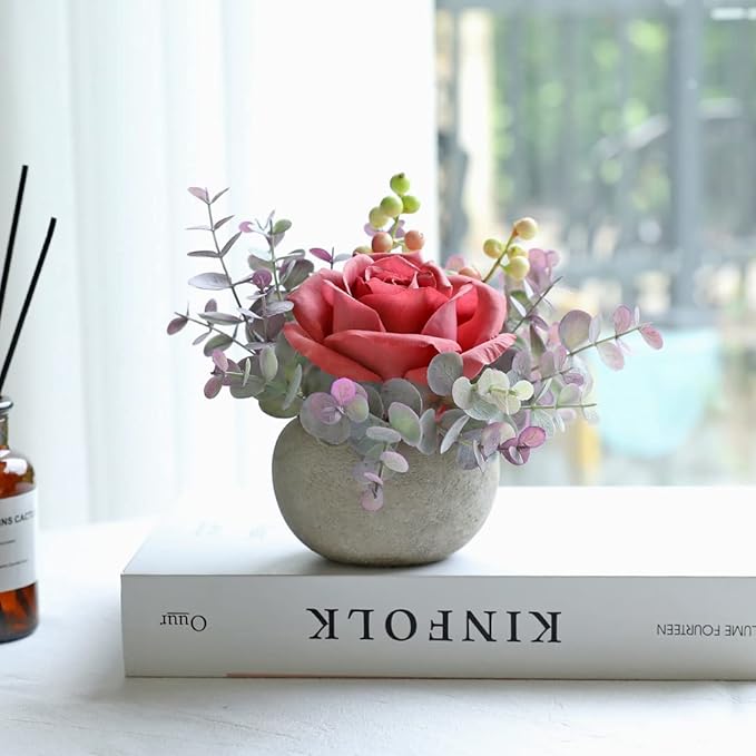 Small Artificial Pink Rose Potted Plant, 6" Fake Silk Flowers in 3.5" Round Pot, Mini Faux Floral Arrangement for Desk Shelf Bathroom Decor