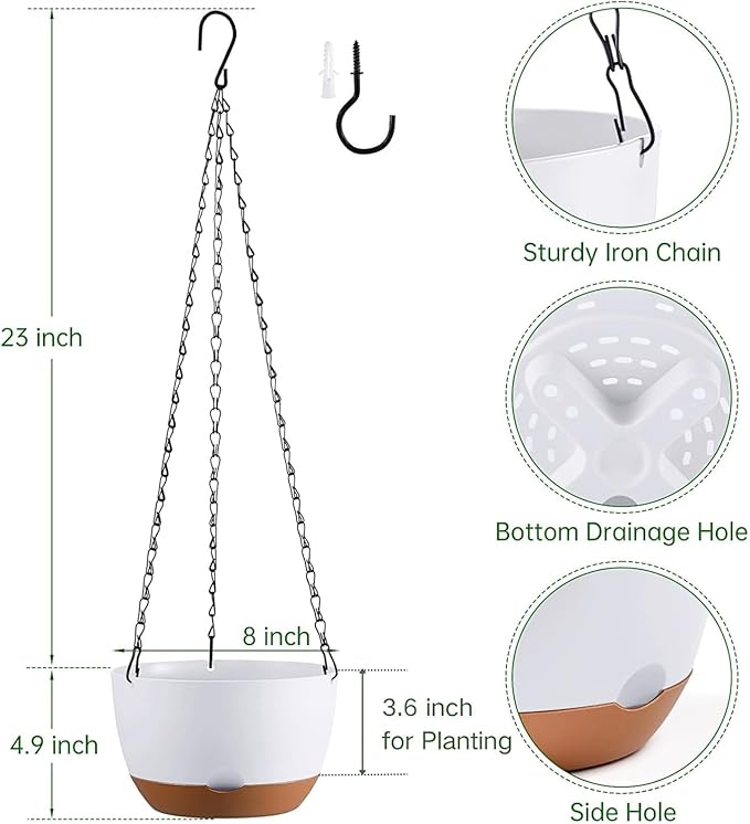 Set of 2 Hanging Planters for Indoor Outdoor Plants, 8 Inch Self-Watering Hanging Flower Pots with Drainage Hole & Removable Water-Storage Tray (Hooks)