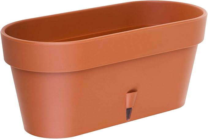 DECOPOTS - Pack of 3 - Self Watering Window Box Planter - Indoor/Outdoor - Windowsill/Oblong Shape Plastic Planter with Bottom Watering and Water Level Indicator (15.6 Inch Long, Terracotta)