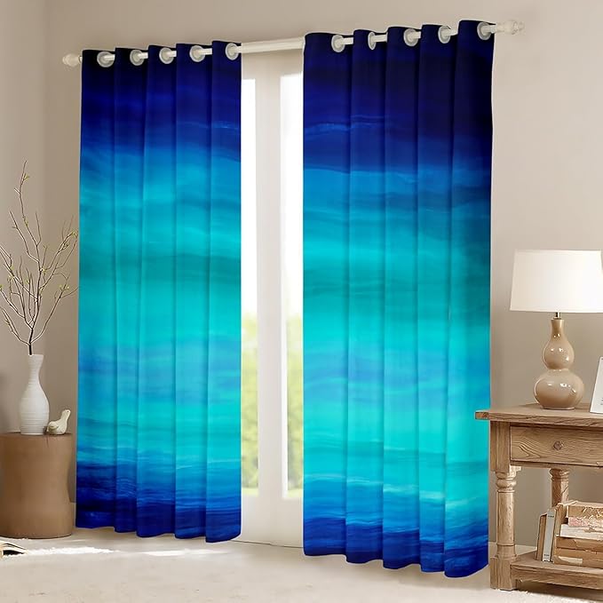 Feelyou Navy Blue Ocean Curtains Bedroom Living Room Abstract Turquoise Teal Ombre Blackout Curtain Boys Tropical Beach Darkening Drapes Window Treatments (2 Panels, 52 x 90 Inch)