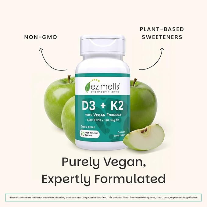 EZ Melts Dissolvable Vegan Vitamin D3 + K2 5,000 IU - Bone & Heart Health Support - Immune Function Support - No Artificial Flavors - Non-GMO - Green Apple - 180 Dissolvable Tablets (180 Servings)