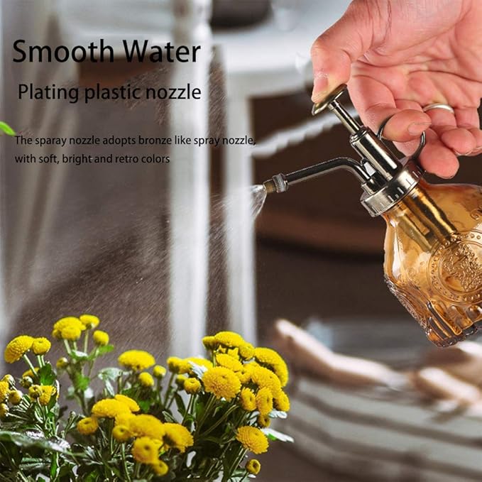 Plant Mister Glass Spray Bottle Small Plant Watering Can 6.4" Tall Retro Indoor Watering Can Bronze Plastic Top Pump for Garden Indoor Plant Sprayer