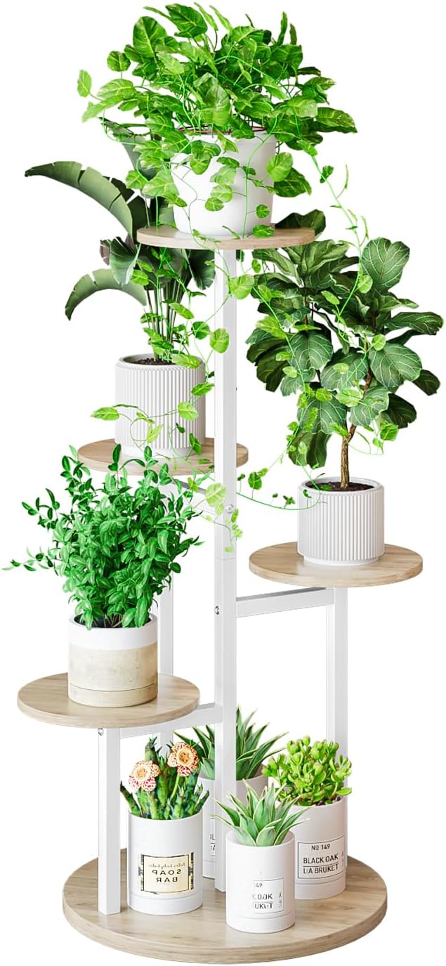 INGIORDAR Plant Stand Indoor Outdoor Corner Flower Stands Multiple Flower Pot Holder for Patio Garden Balcony Living Room 5 Tier White+Sonoma Oak