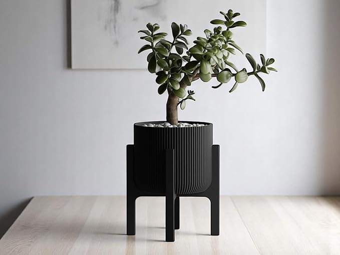 Modern Geometric Planter with Stand – Decorative Indoor Plant Pot with Ridged Top & Smooth Bottom, Stylish Planter for Succulents, Herbs, Small Plants (Black - Ridges only and Stand)