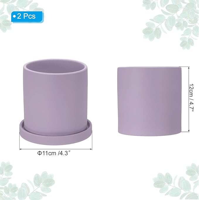 PATIKIL 4.3 Inch Ceramic Plant Pots, 2 Pack Modern Flower Planters with Drainage Holes and Tray for Decorate Home Indoor Plants Succulent Herb, Purple