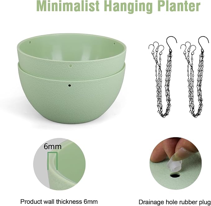 Meowell 12 inch Large Hanging Planters Plant Pots for Indoor Outdoor Plants, 2 Pack Hanging Flower Pots with Drainage Holes and Chain for Garden Porch, Plastic Hanging Baskets for House Plants, Green