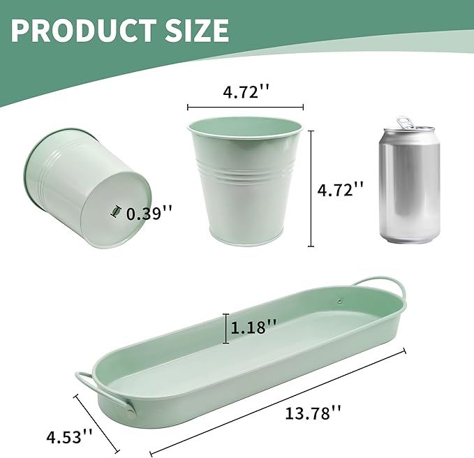 TCBWFY Indoor Herb Garden Planter Set - 3 Pack 4.7" Green Metal Plant Pots with Drainage Holes & Removable Tray - Windowsill Kitchen Counter Balcony Office Garden
