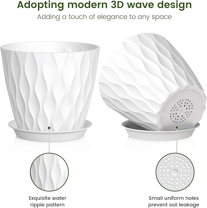 Meowell 7 inch Plant Pots for Indoor Outdoor Plants, 5 Pack Thick Nursery Pots with Drainage Holes and Saucers, 3D Modern Wave Texture Plastic Planter Pots for Flowers and House Plants, Multicolor