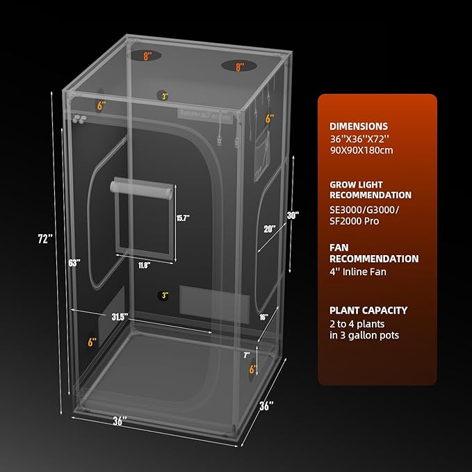 Spider Farmer 3x3 Grow Tent 2025 New, 36"x36"x72", with Hook for Controller and Power Strip, Enlarged View Window, 1680D Thicken Mylar Canvas for Indoor Hydroponic Growing for SF2000Pro, SE3000, G3000