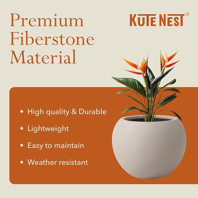 KUTE NEST 9.7" H x 12" D Premium Globo Fiberstone Round Planter with Drainage Hole, Smooth Finishes, Weather Resistant for Indoor and Outdoor Use, Included 2 Extra Coco Mats (Taupe, 7.8" Pot Opening)