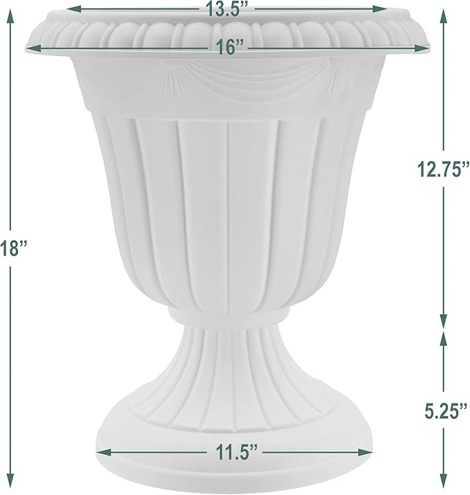 Arcadia Garden Products PL00GY Classic Traditional Plastic Urn Planter Indoor/Outdoor, 16" x 18", Gray