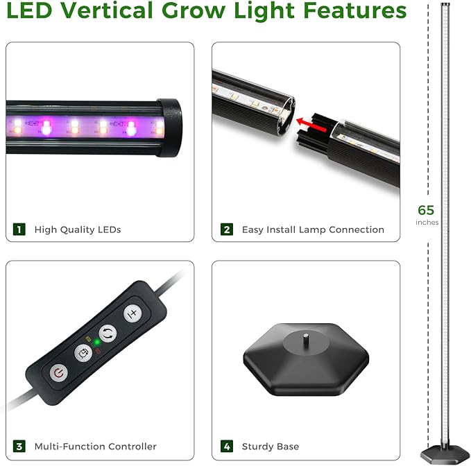 2PCS Grow Lights for Indoor Plants with Timer, 384 LEDs 42W Vertical Full Spectrum Grow Light 65 Inch Standing Grow Lights 3 Light Modes 5-Level Dimmable Wide Coverage