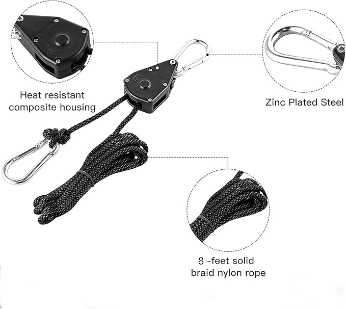 Grow Light Rope Hanger 2Pairs， Adjustable Rope Ratchet Hangers 150 Lbs per Pair with Stainless Steel 2.5" S Hook