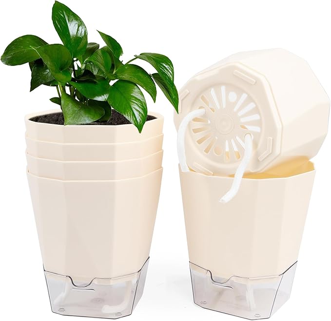 6 Pack Self Watering Planter Pots, 5 Inch Plastic Planters with Drainage Holes, Cotton Rope and Clear Reservoirs, Decorative Flower Pots for Indoor Outdoor Plants (Cream)