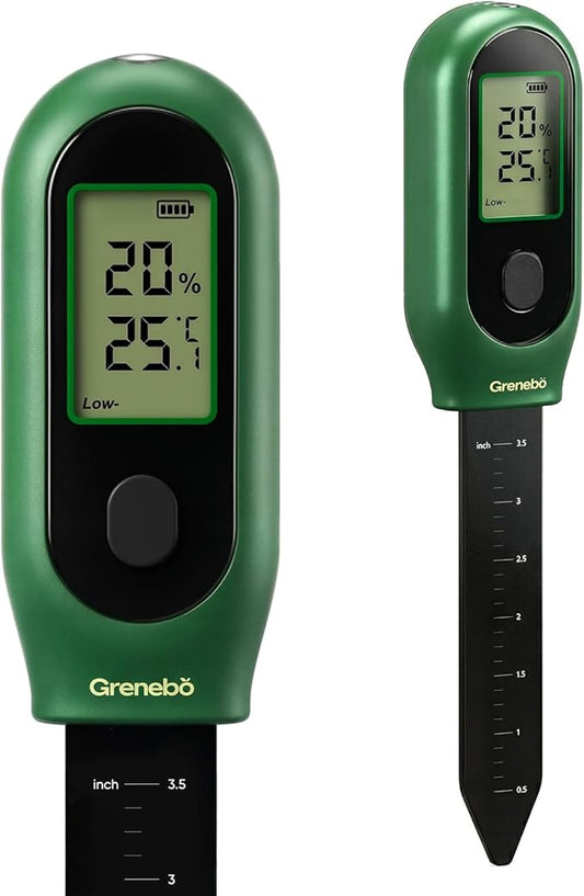 Grenebo 3-in-1 Soil Moisture Meter, Digital Plant Water Meter, Temperature & Sunlight Intensity Sensor, LCD Display Soil Tester for Gardening, Farming, Plant Care, Indoor & Outdoor Plants（Green）