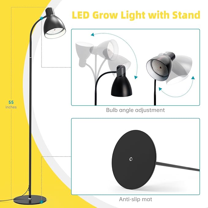 Bstrip Grow Light Lamp, 5000K Full Spectrum 25W LED Grow Light for Indoor Plants - 55" H Stand, Adjustable Angle with On/Off Switch