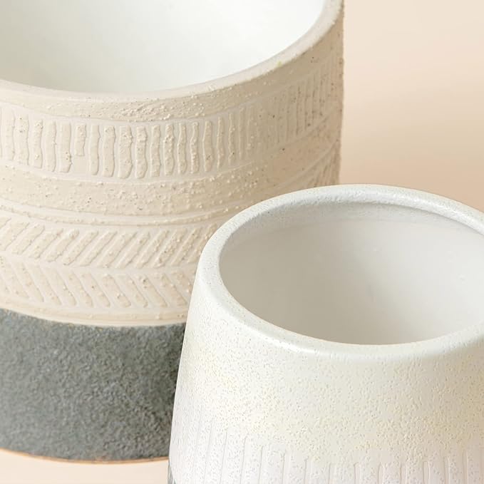 LA JOLIE MUSE Flower Pots Indoor Plant Pot Set of 2, Unique Small Ceramic Plants Planter, 6.4+ 5.1 Inch Planters, Gray & Ivory White