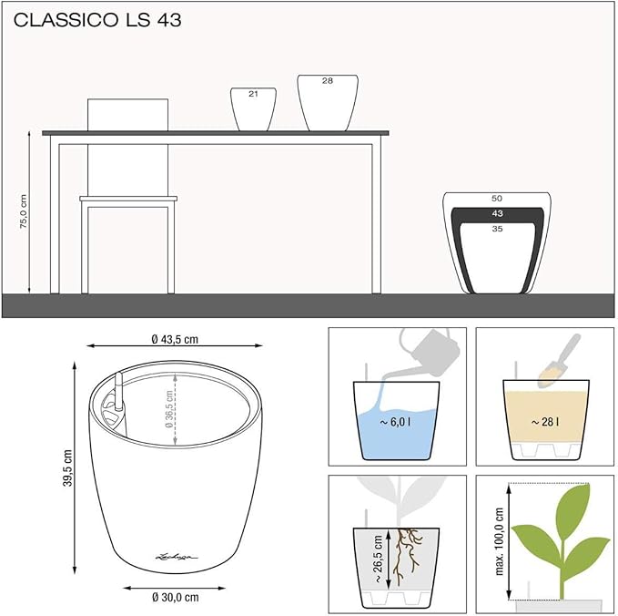 Lechuza Classico LS 43 White High Gloss, Self-Watering Round Planter, D16.9 H15.7 in