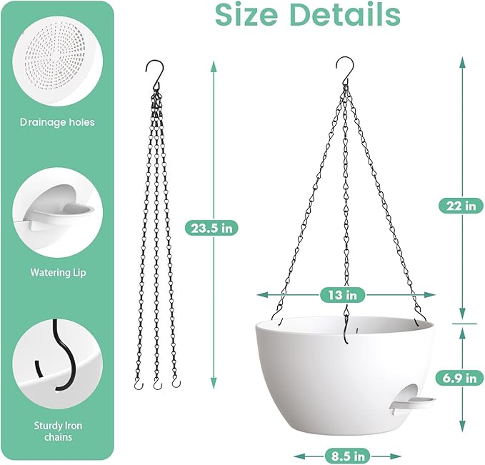 UOUZ 13 Inch 2 Pack Large Self Watering Hanging Planters for Indoor Outdoor Plants, Hanging Plant Pots with Removable 50 Oz Reservoir, Plastic Hanging Basket for Window Porch Garden, White