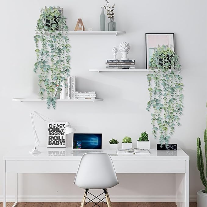Artificial Hanging Plants, 2 Pack Fake With Pot, Eucalyptus, Indoor Faux Drooping, Potted for Office Desk Living Room Balcony