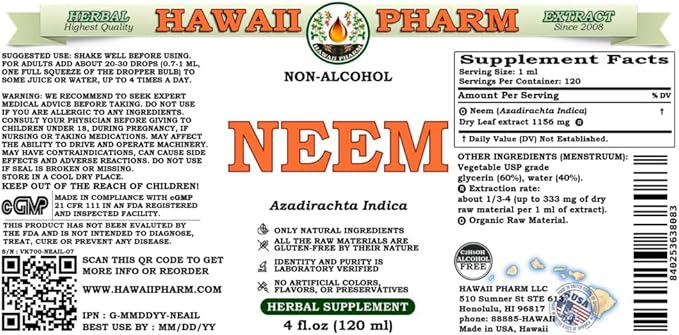 Hawaii Pharm Neem Alcohol-Free Liquid Extract, Professional Grade, Small Batch Crafted Neem (Azadirachta Indica) Dried Leaf Glycerite Natural Herbal Supplement, 15x4 fl.oz