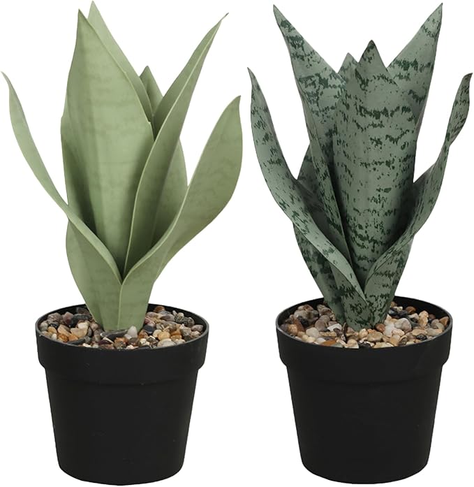 Artificial Snake Plant Artificial Sansevieria Floor Plant Desk Small Fake Plant for Indoor Home Office Decor,Realistic Potted Greenery,10inch (Two pcs Dark Gary and Light Green)