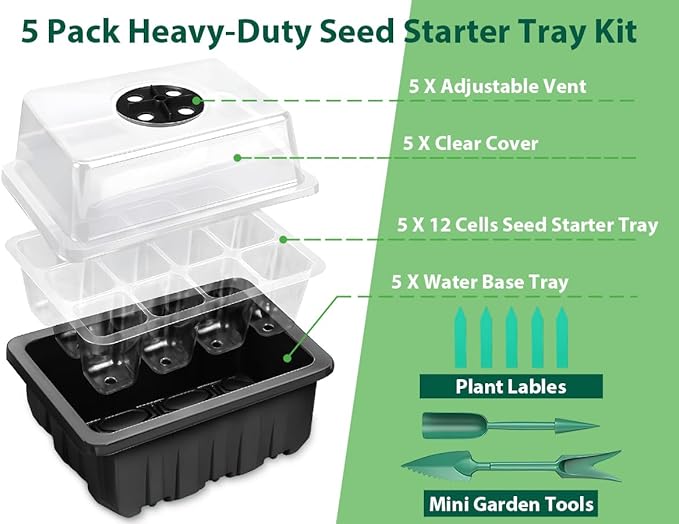 Sfee 5 Pack Seed Starter Tray Kit, 60 Cells Seedling Starter Trays with Humidity Dome and Base Greenhouse Growing Trays, Reusable Seed Germination Seedling Tray with Garden Tools Labels (Black)