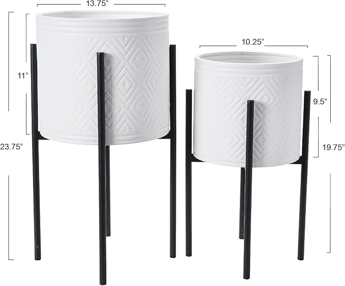 Main + Mesa Modern Boho Embossed Metal Planters with Stands, White and Black, Set of 2 Sizes