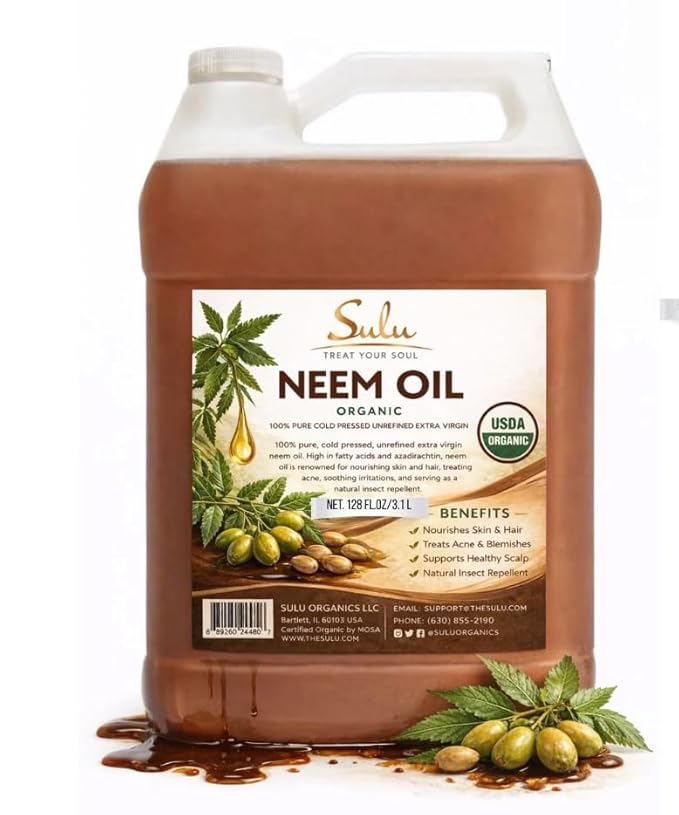 SULU ORGANICS 100% Pure Unrefined Virgin Cold Pressed Neem Oil 1 Gallon (128 FL.OZ)