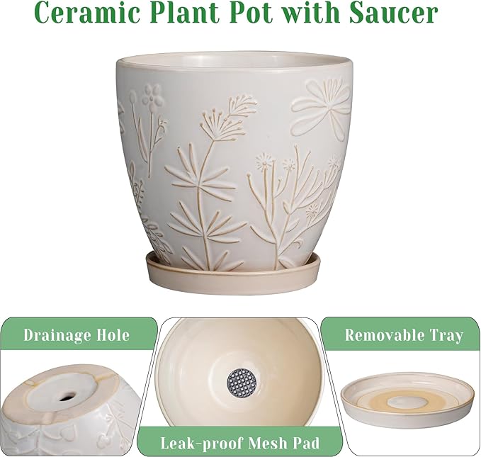 MPotTo 8 Inch Ceramic Pots for Plants Large Planter Pot with Drainage Hole and Saucer Round Flower Pot for Indoor Outdoor Decor, White