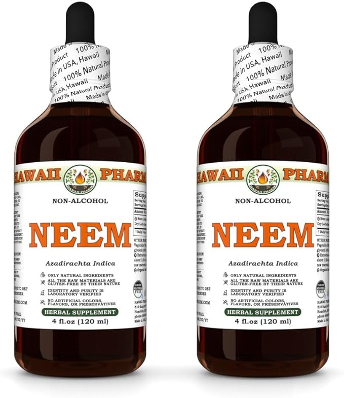 Hawaii Pharm Neem Alcohol-Free Liquid Extract, Professional Grade, Small Batch Crafted Neem (Azadirachta Indica) Dried Leaf Glycerite Natural Herbal Supplement, 2x4 fl.oz
