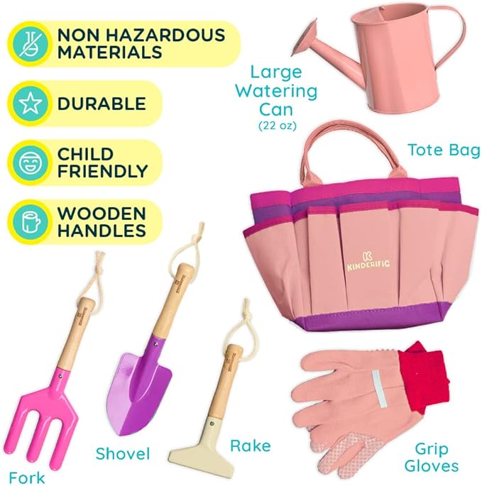 Kinderific Gardening Set, Tool Kit, for Kids, STEM, Includes Tote Bag, Spade, Watering Can, Rake, Fork, Trowel and Gloves (Princess Pink)