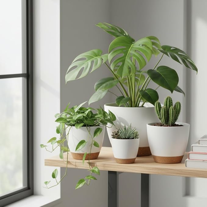 LIFFY Plant Pots, 8,7.5,7,6.5,6,5.5,5 Inch Plastic Self Watering Planters with Drainage Holes & Saucers, 7-Pack White Nursery Planting Pot with Deep Reservoir for Indoor Outdoor Plants