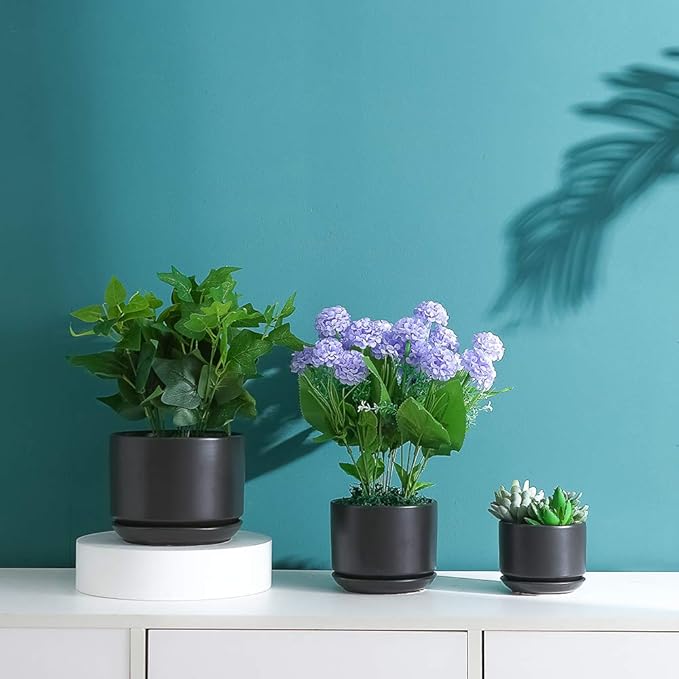 Yishang Succulent Plant Pots,6.7+5.3+4.1 in Glazed Ceramic Planters with Connected Saucers, Round Modern Ceramic Flower pots - Small to Large Sized Plant pots for All House Plants(Matte Black)