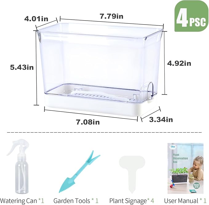 Oliz Self Watering Planters - 4 Pack Rectangular Clear Plant Pots with Drainage Holes for Indoor Plants