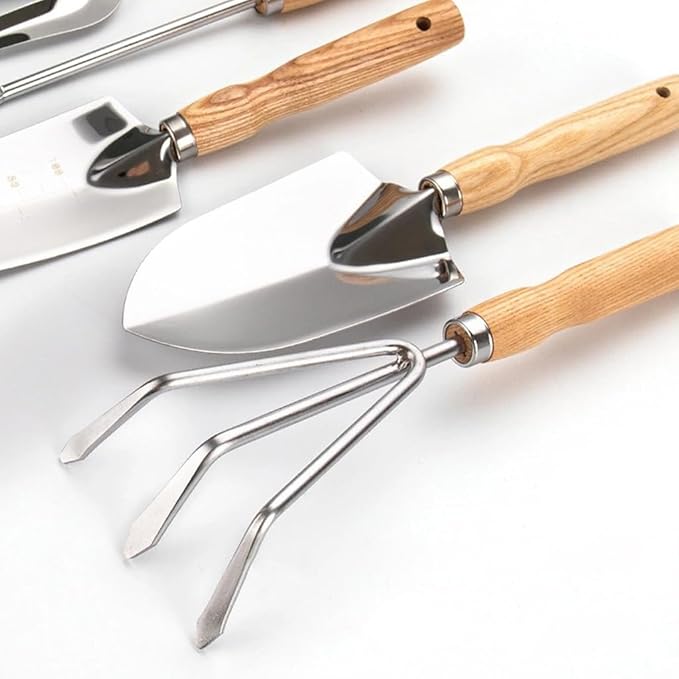 5-Piece Garden Tool Set, Rust-Resistant Stainless Steel with Ergonomic Non-Slip Wooden Handles – Durable Gardening Tools Gift,Includes Trowel,Transplanter, Hand Fork, Cultivator & Weeder Light-Weight