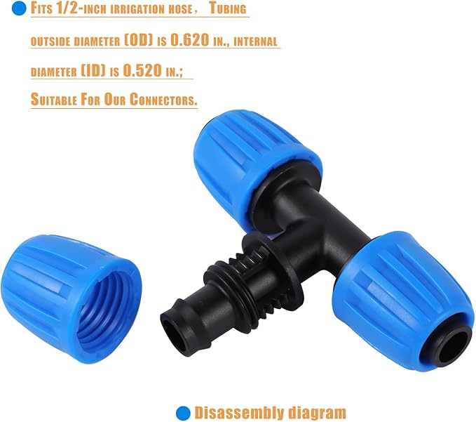 8 Pcs 1/2 Inch Irrigation Tubing Tee Fittings, (1/2" ID x0.6-0.63" OD) Drip Tubing Barbed Locked Nuts Tee Connectors Anti-Drop 1/2" T Connectors for Garden Irrigation System