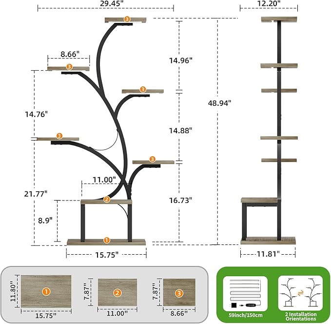 BACEKOLL Plant Stand Indoor with Grow Lights, 7 Tiered Indoor Plant Shelf, 49" Corner Plant Stands for Indoor Plants, Metal Plant Flower Display Shelf, Tree-Shaped Plant Rack for Home, Patio, Grey