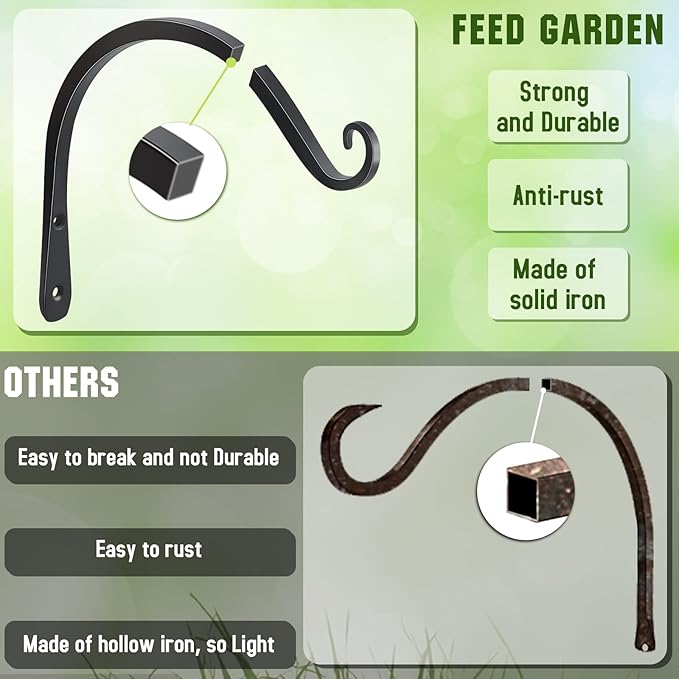 FEED GARDEN Heavy Duty Plant Hooks - 2 Pack 8 Inch Wall Mounted Hanging Brackets, 44lb Capacity Steel Plant Hangers for Bird Feeders, Baskets, Wind Chimes - Black