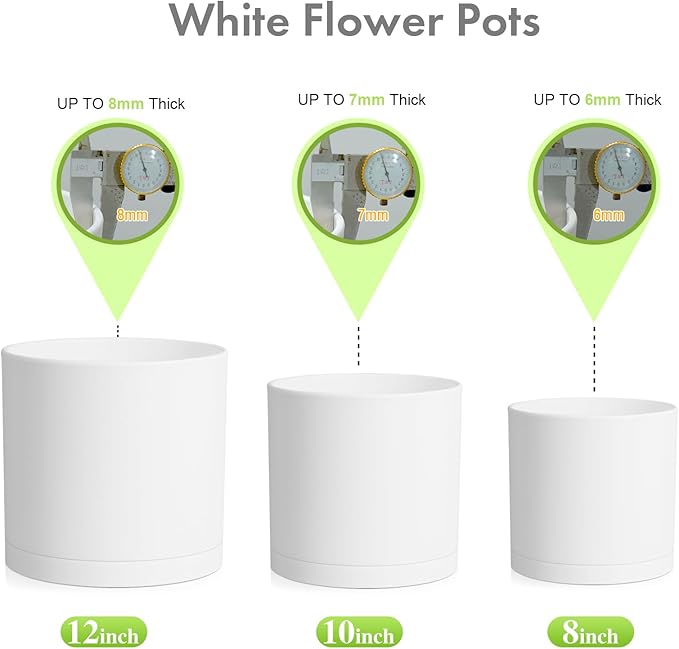 Meowell 12/10/8 inch Large Plant Pots, 3 Pack Deep Cylinder Flower Pots for Outdoor Indoor Plants, Tall Plastic Planters with Drainage Holes and Saucers for Garden House Plants, White