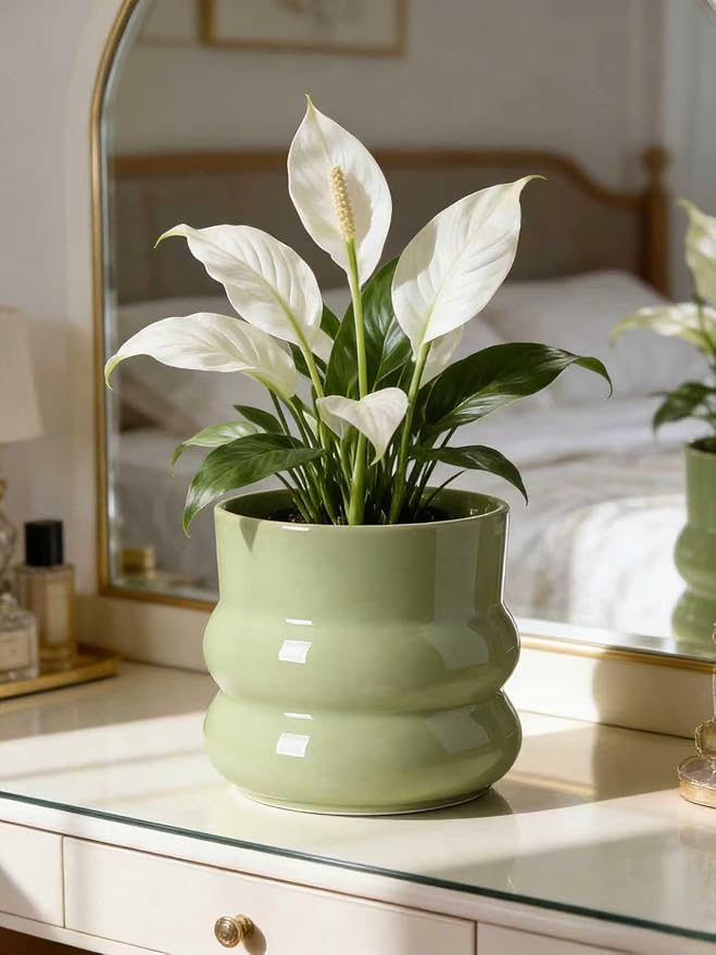6 Inch Plant Pot,Ceramic Planter Pot with Drainage Hole,Indoor Planters for Herbs Plants,Ceramic Flower Pots for Indoor/Outdoor Plants,Home Office Garden Décor,Green