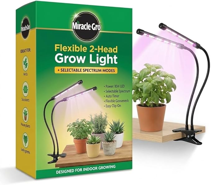 Miracle-Gro, Grow Light for Indoor Plants - 10W LED, Flexible 2-Head, Selectable Spectrum for Indoor Plants, Seeds, Herbs, Flowers, Plug-in Anywhere for Any Plant