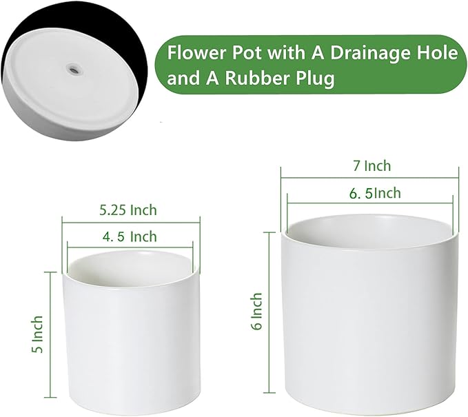 Nihow Flower Pot - 5 & 7 Inch Ceramic Planter Pots for Indoor Plants - Sturdy & Mordern Cylinder Plant Pot with Drainage & Removeable Rubber Plugs - Matte White (Set of 2) - Plants Not Included
